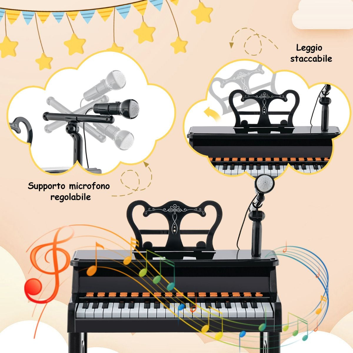 Pianoforte a 37 Tasti per Bambini Con Microfono Regolabile Supporto per Spartiti Rimovibile, Strumento Musicale 2 Colori