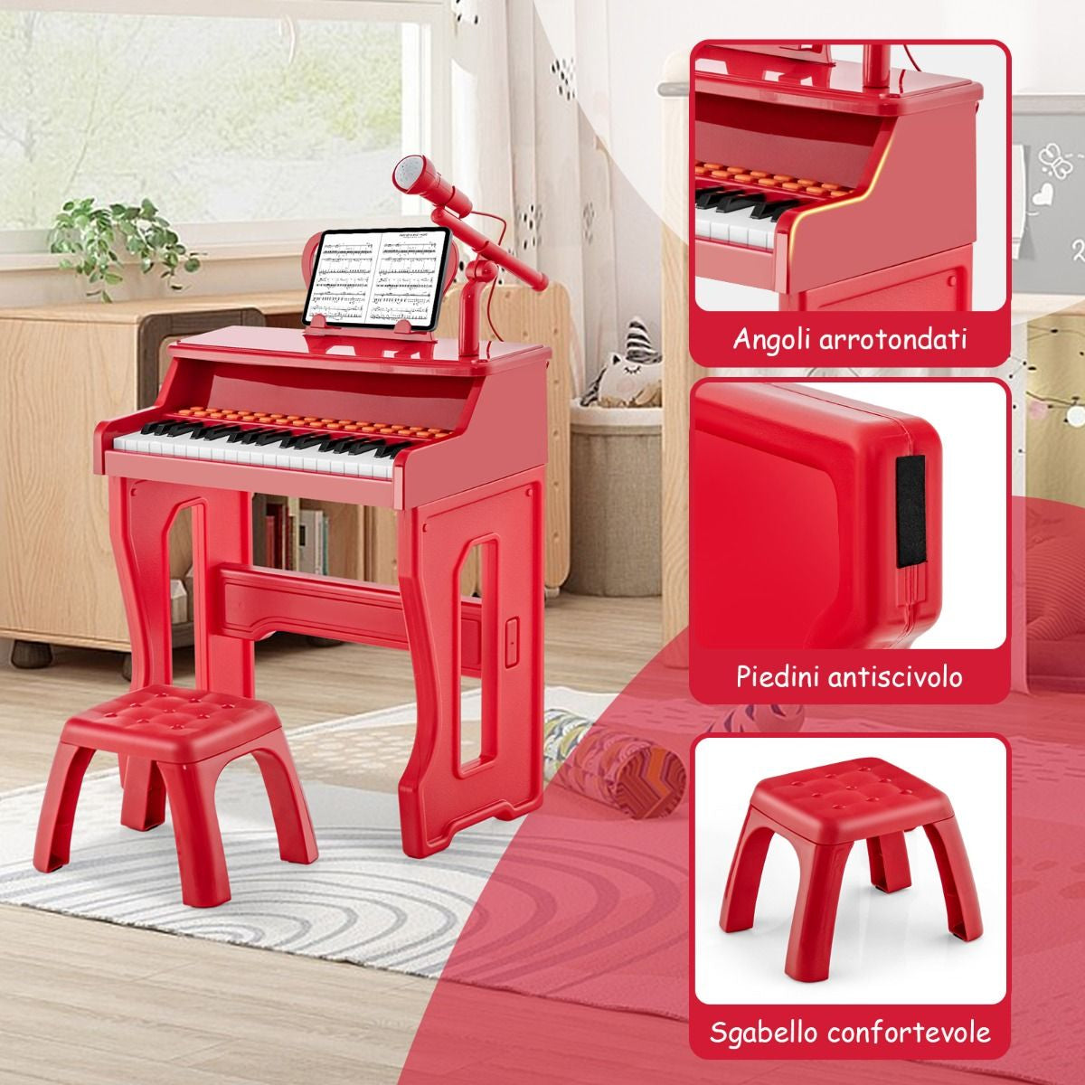 Pianoforte a 37 Tasti per Bambini Con Microfono Regolabile Supporto per Spartiti Rimovibile, Strumento Musicale 2 Colori