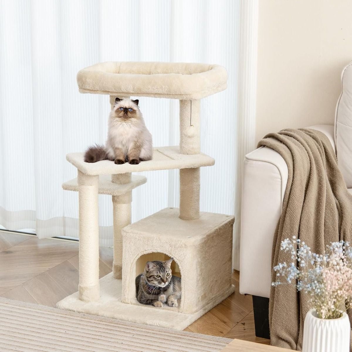 Albero per Gatti a 4 Piani Con Tiragraffi E Pallina Di Peluche, Torre per Gatti Con Piattaforma per Saltare Beige/Grigio