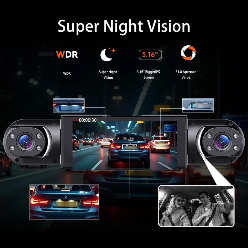 360° Dash Cam 4 Channels Car Video Recorder 1080P Car DVR 3/4 Lens Rotatable Camera View Night Vision Black Box