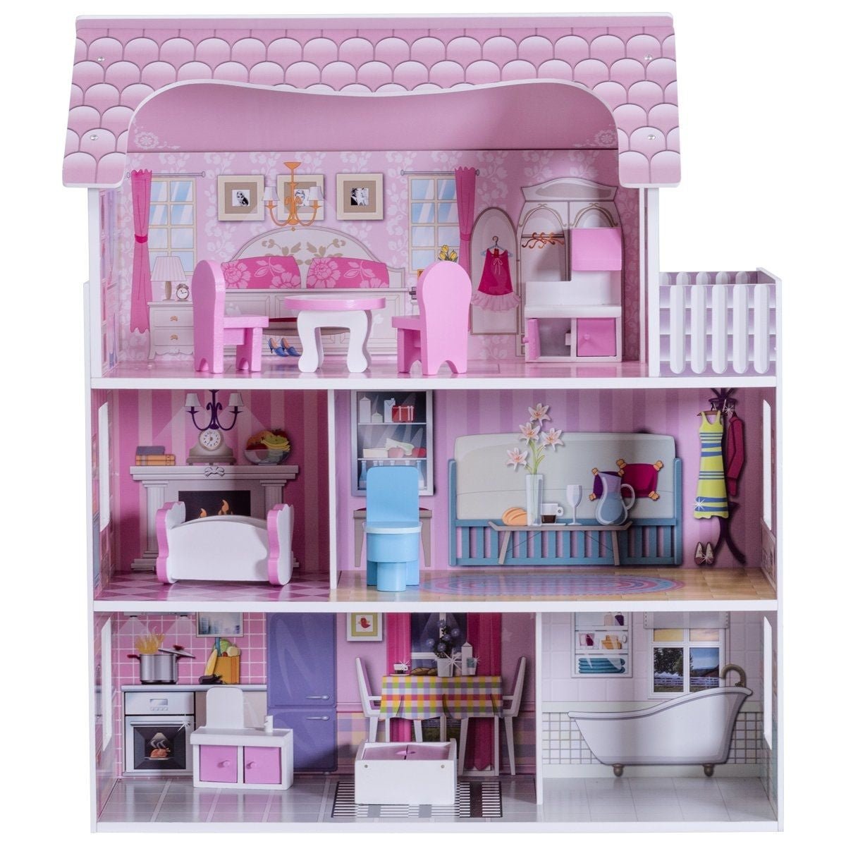 Casa Delle Bambole in Legno per Bambina Casa Giocattolo Dei Bambini 3 Piani Con Mobili E Accessori 61X26,5X71Cm