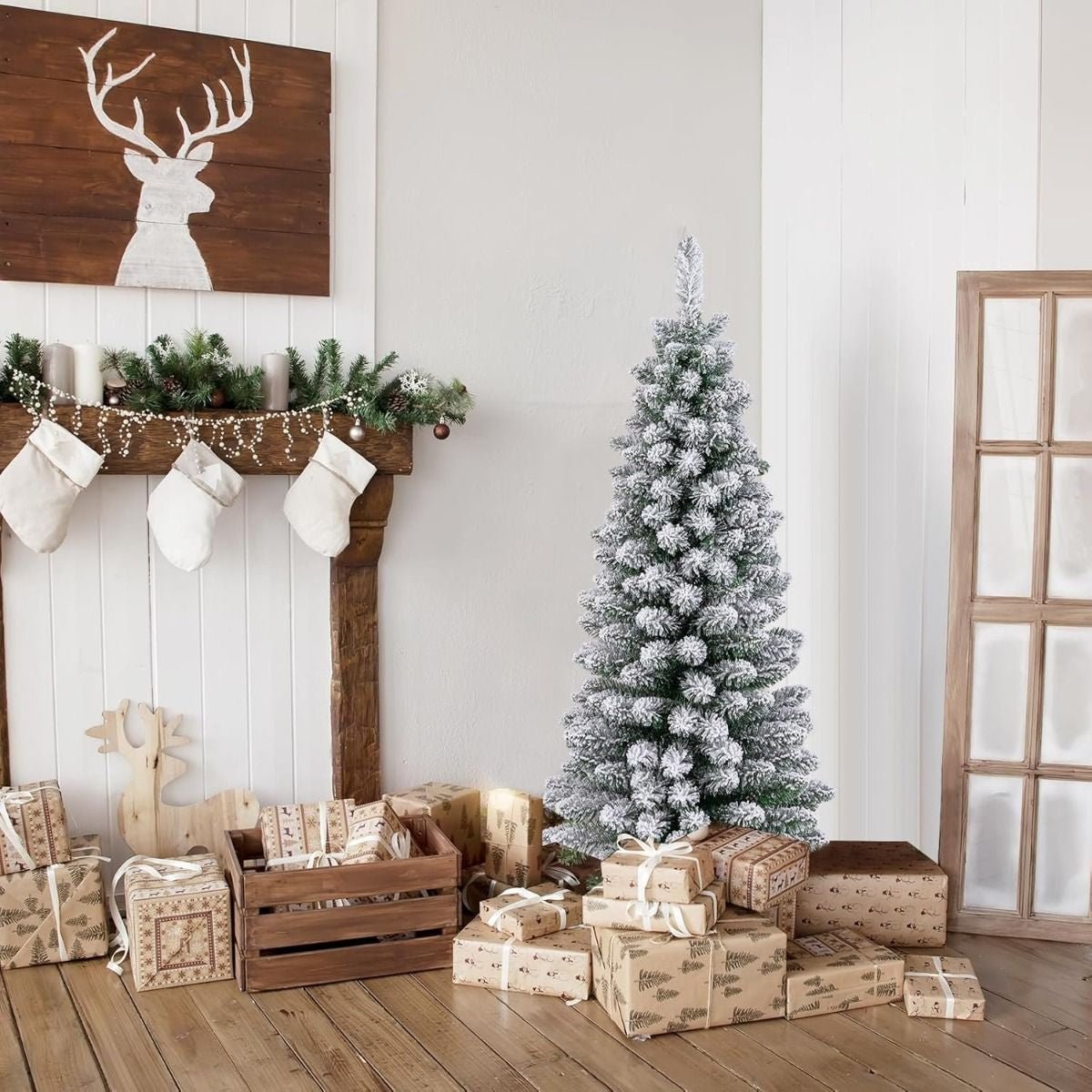 Albero Di Natale Artificiale Da 120Cm, Albero Di Natale Imbiancato Con 240 Rami Supporto Metallico Pieghevole