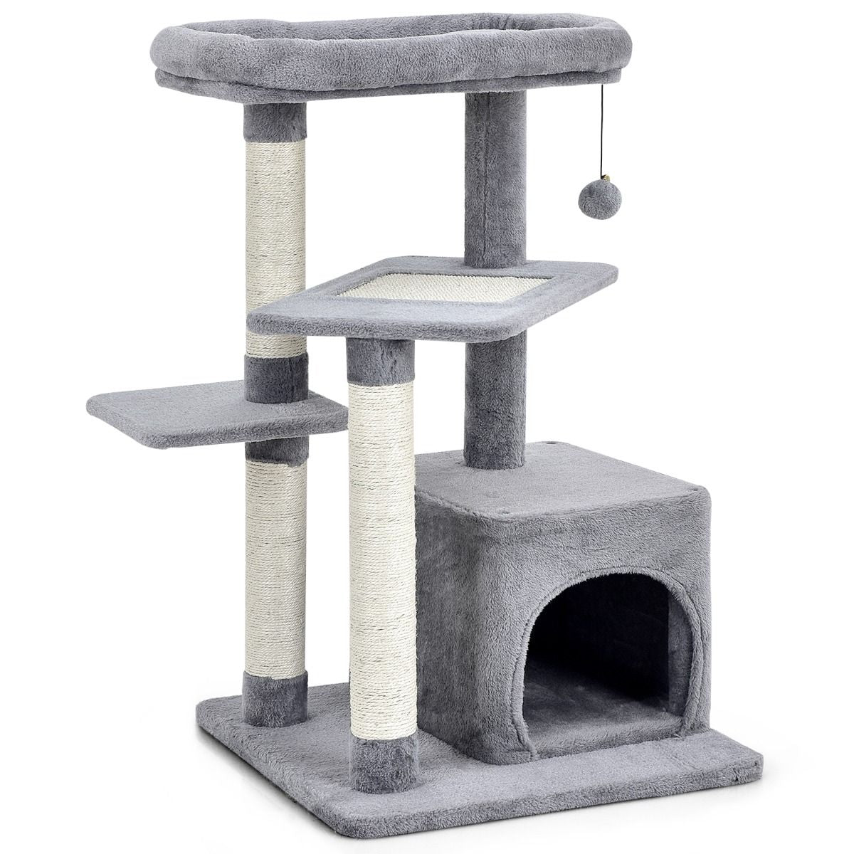 Albero per Gatti a 4 Piani Con Tiragraffi E Pallina Di Peluche, Torre per Gatti Con Piattaforma per Saltare Beige/Grigio
