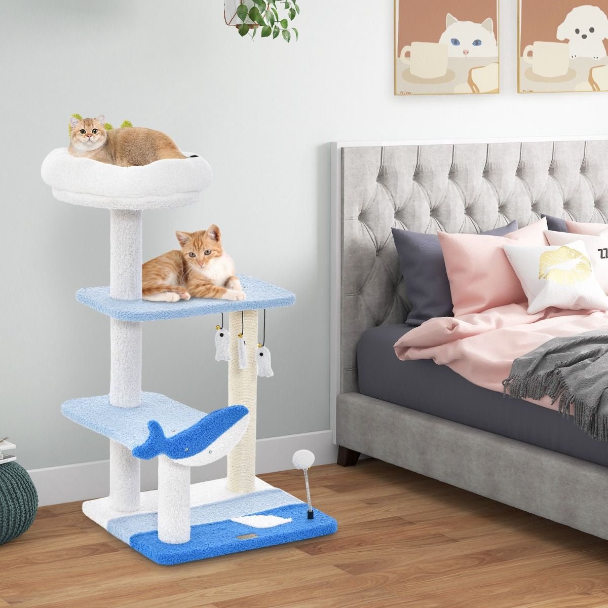 Albero per Gatti a Tema Oceanico Con Pali Tiragraffi Rivestiti in Sisal, Torre per Gatti a 3 Livelli 49X38X86Cm Blu