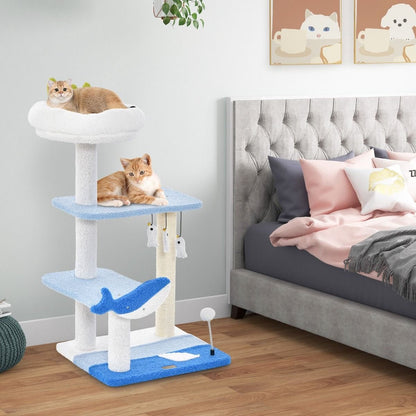 Albero per Gatti a Tema Oceanico Con Pali Tiragraffi Rivestiti in Sisal, Torre per Gatti a 3 Livelli 49X38X86Cm Blu