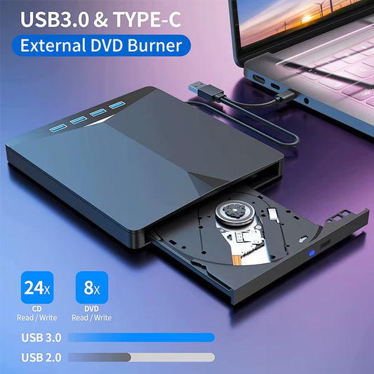 7-In-1 USB 3.0 Type C External CD RW DVD Optical Drives Tray Type DVD Burner Recorder Reader Player for Laptop Notebook PC