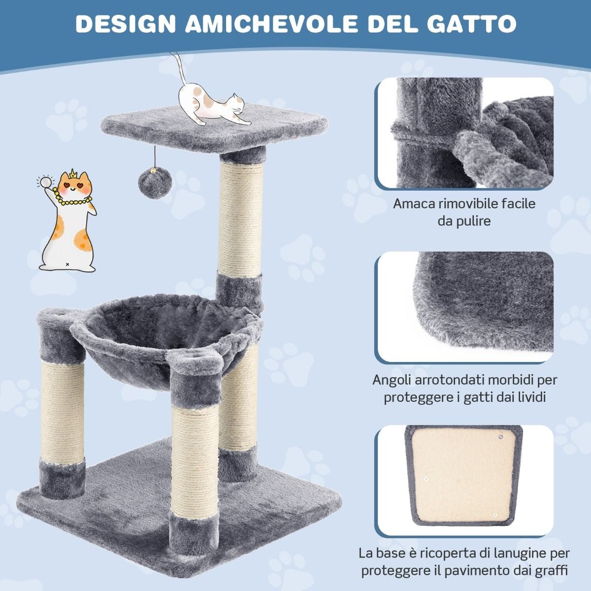 Albero per Gatti Multilivello Con Amaca Tiragraffi Rivestiti Ampia Piattaforma, Torre Di Arrampicata Grigio