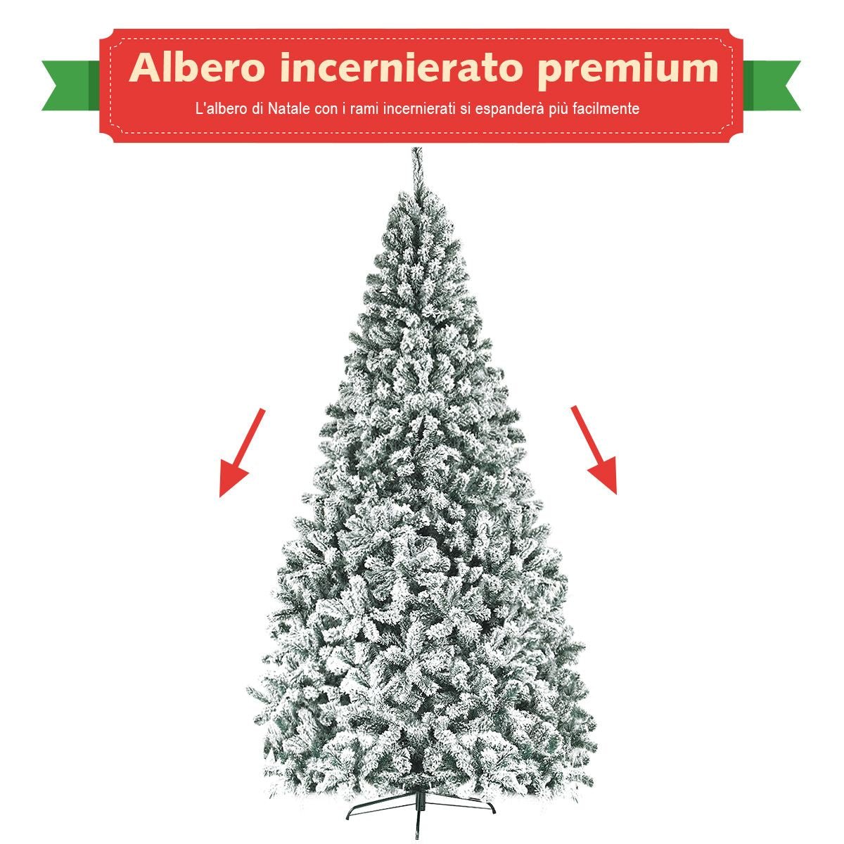 Albero Di Natale Innevato 270Cm Con Cerniere Base Di Metallo, Albero Di Natale Artificiale Non Illuminato Verde