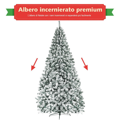 Albero Di Natale Innevato 270Cm Con Cerniere Base Di Metallo, Albero Di Natale Artificiale Non Illuminato Verde