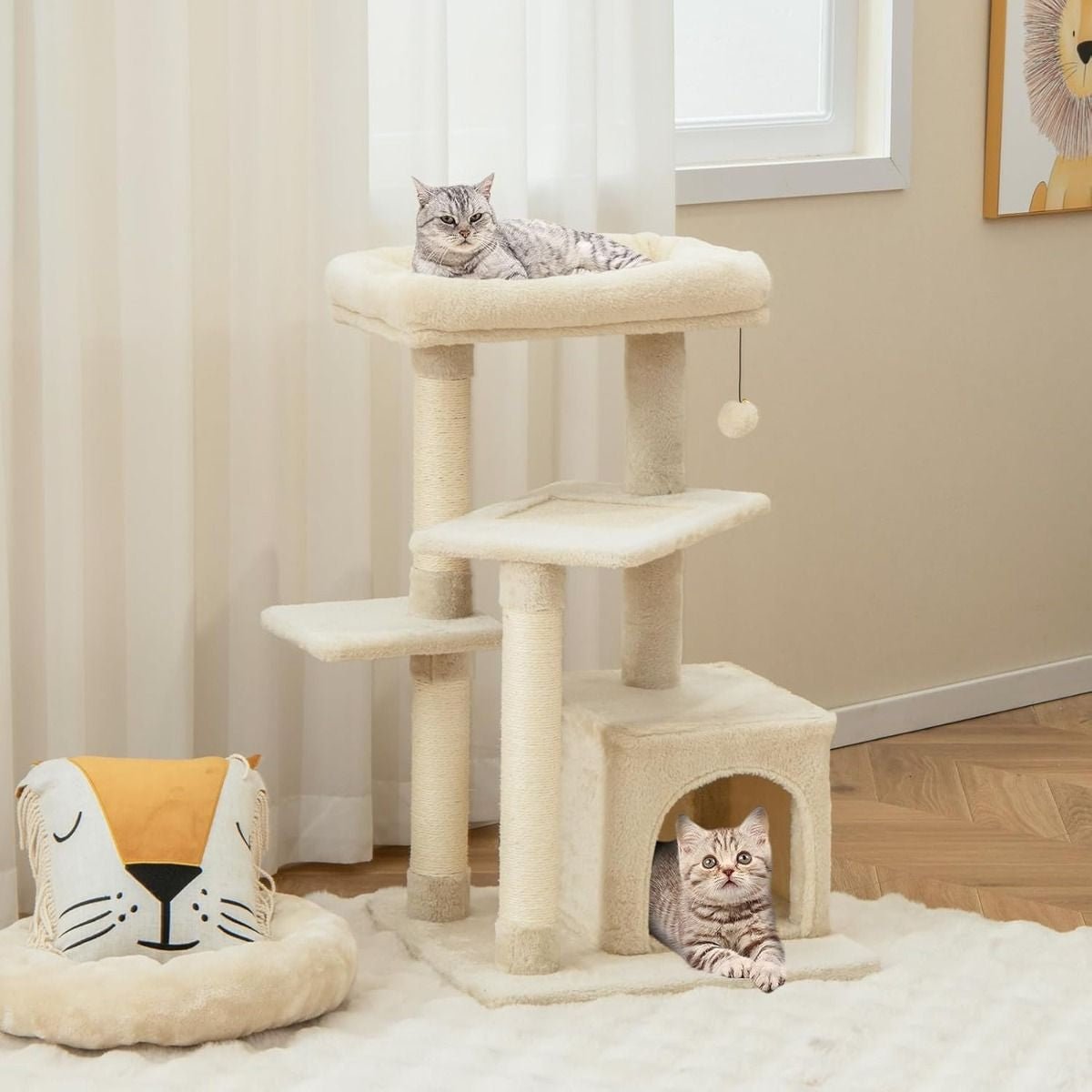 Albero per Gatti a 4 Piani Con Tiragraffi E Pallina Di Peluche, Torre per Gatti Con Piattaforma per Saltare Beige/Grigio