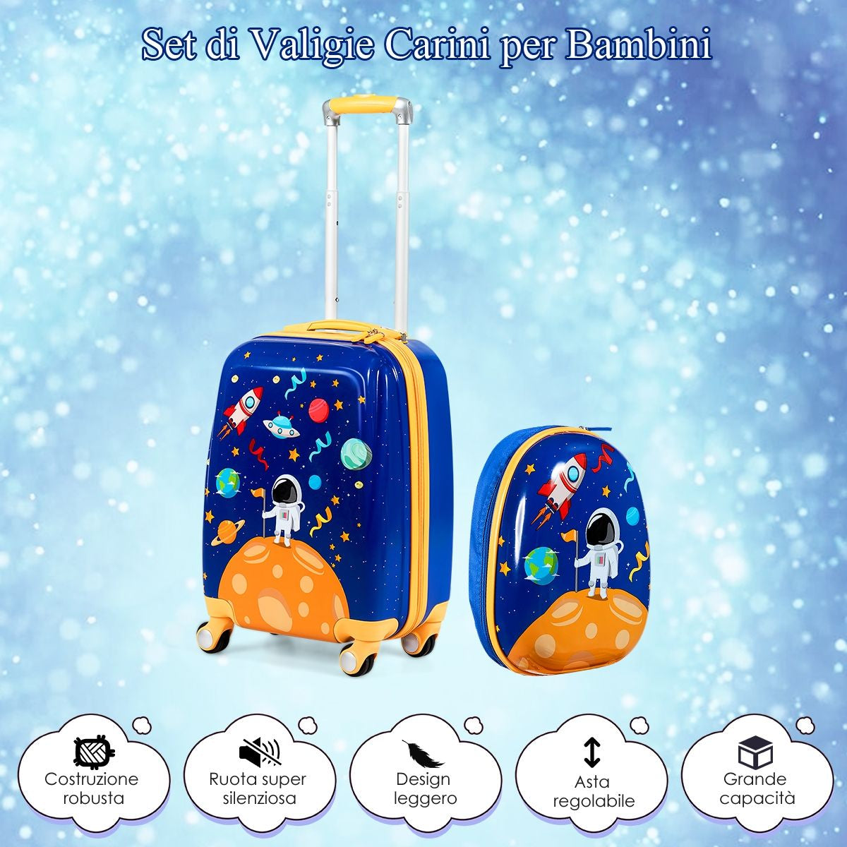 Set 2 Pezzi Bagagli per Bambini Da Viaggio Con Ruote Girevole Girevole 18" Trolley Bimbo + 12" Zaino Blu Scuro