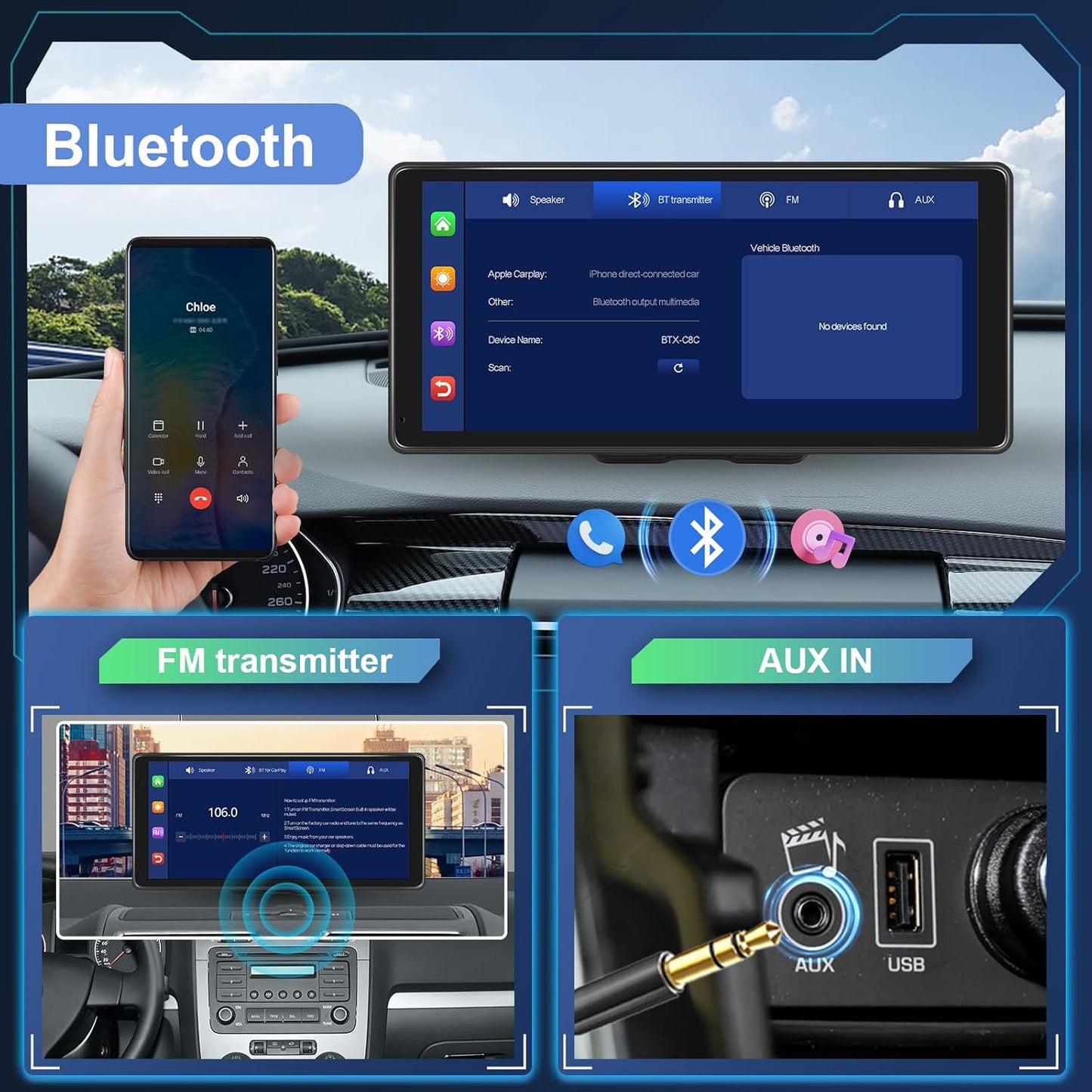 Portatile Autoradio Schermo Carplay Senza Fili Android Auto Wireless, 10,36 Pollici Lettore per Auto Cruscotto Radio Touch Screen Bluetooth Airplay Mirror Link Display Carplay Auto FM/AUX/TF