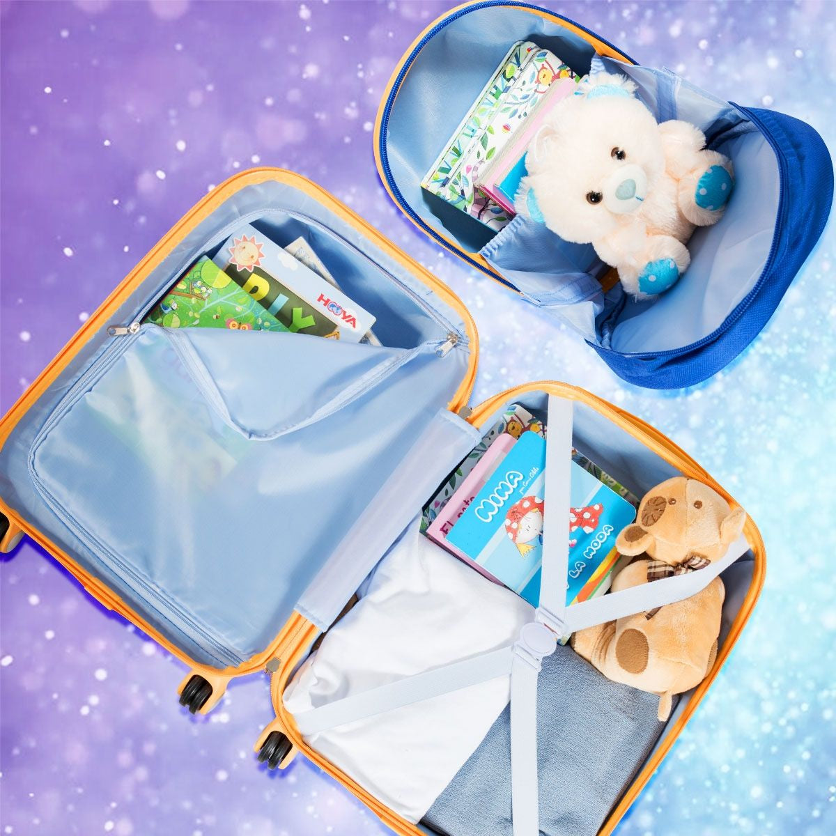 Set 2 Pezzi Bagagli per Bambini Da Viaggio Con Ruote Girevole Girevole 18" Trolley Bimbo + 12" Zaino Blu Scuro