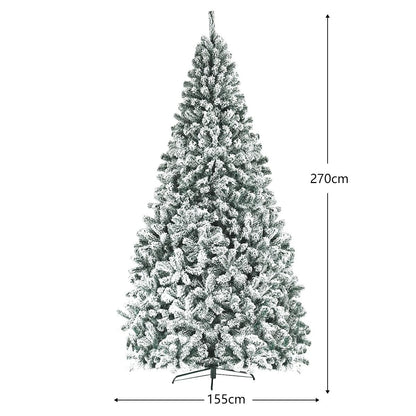 Albero Di Natale Innevato 270Cm Con Cerniere Base Di Metallo, Albero Di Natale Artificiale Non Illuminato Verde