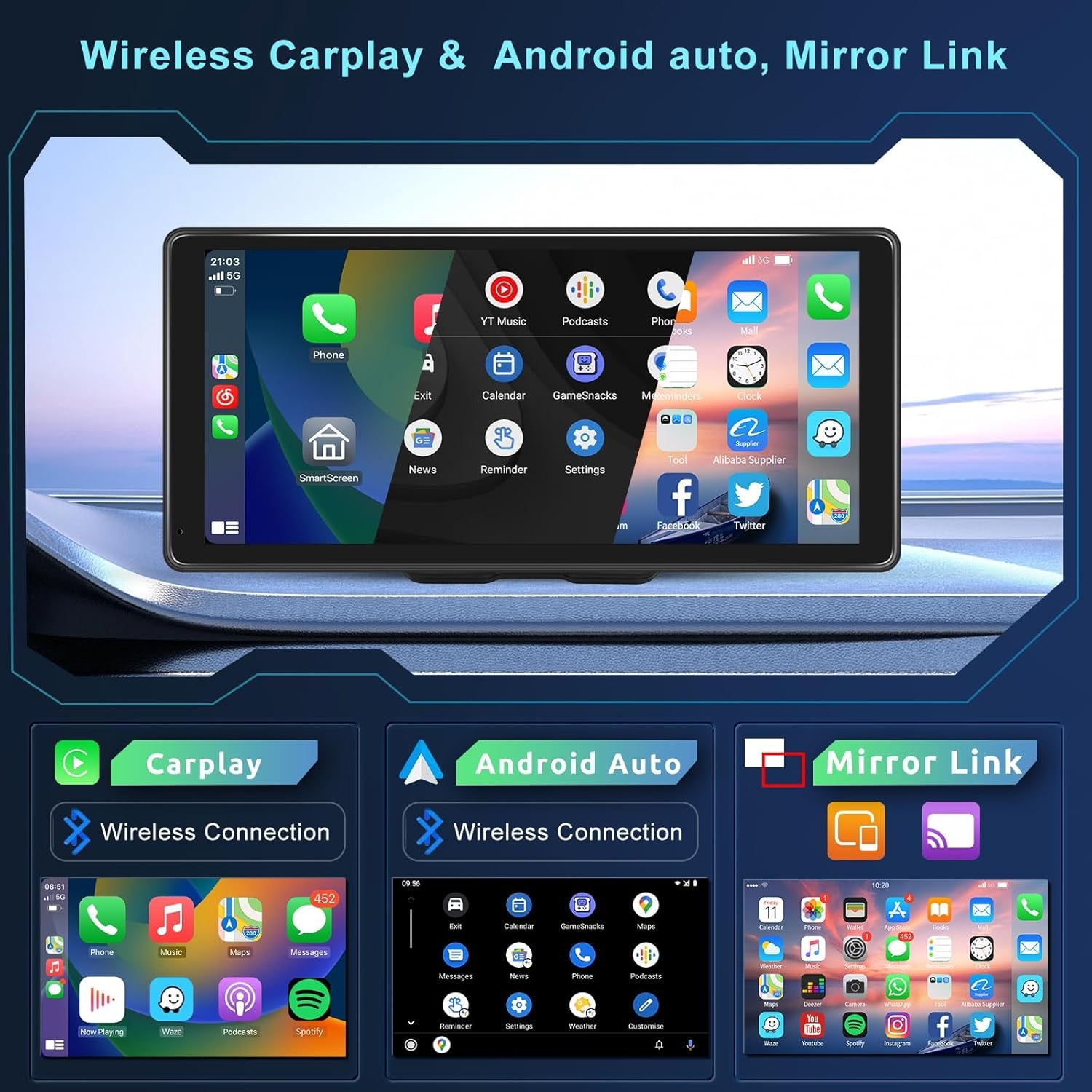 Portatile Autoradio Schermo Carplay Senza Fili Android Auto Wireless, 10,36 Pollici Lettore per Auto Cruscotto Radio Touch Screen Bluetooth Airplay Mirror Link Display Carplay Auto FM/AUX/TF