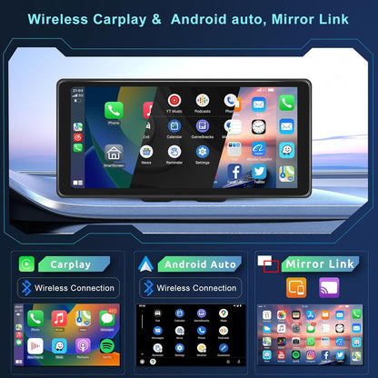 Portatile Autoradio Schermo Carplay Senza Fili Android Auto Wireless, 10,36 Pollici Lettore per Auto Cruscotto Radio Touch Screen Bluetooth Airplay Mirror Link Display Carplay Auto FM/AUX/TF