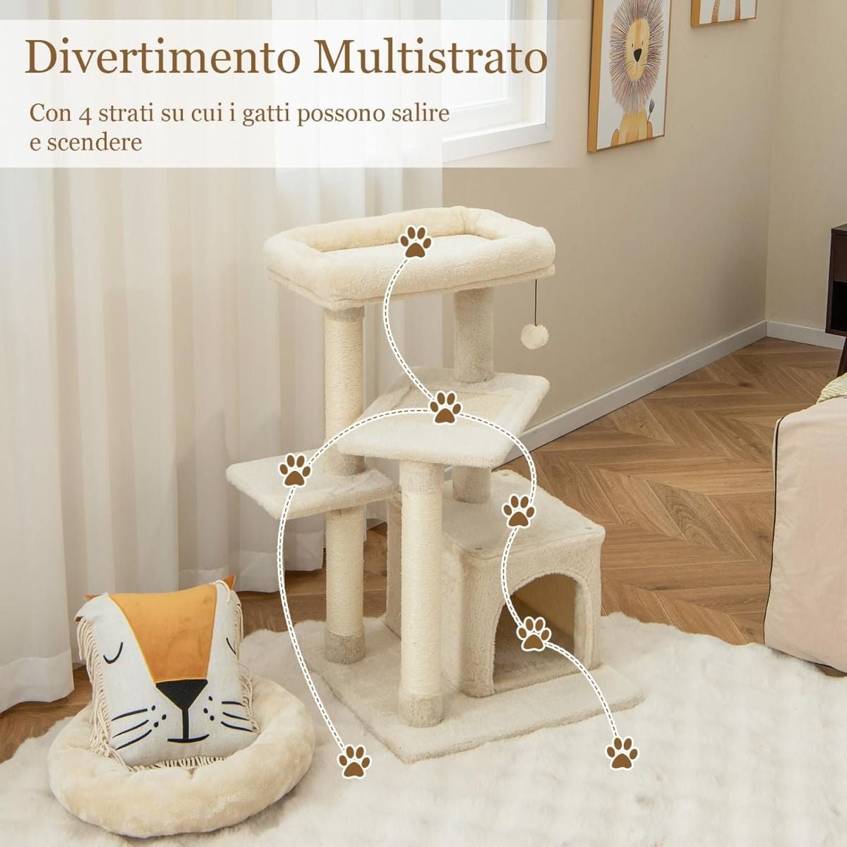 Albero per Gatti a 4 Piani Con Tiragraffi E Pallina Di Peluche, Torre per Gatti Con Piattaforma per Saltare Beige/Grigio