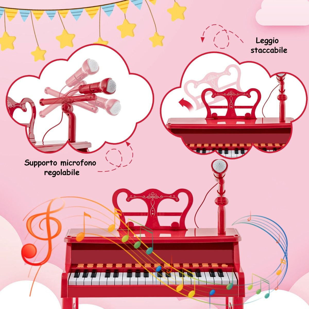 Pianoforte a 37 Tasti per Bambini Con Microfono Regolabile Supporto per Spartiti Rimovibile, Strumento Musicale 2 Colori
