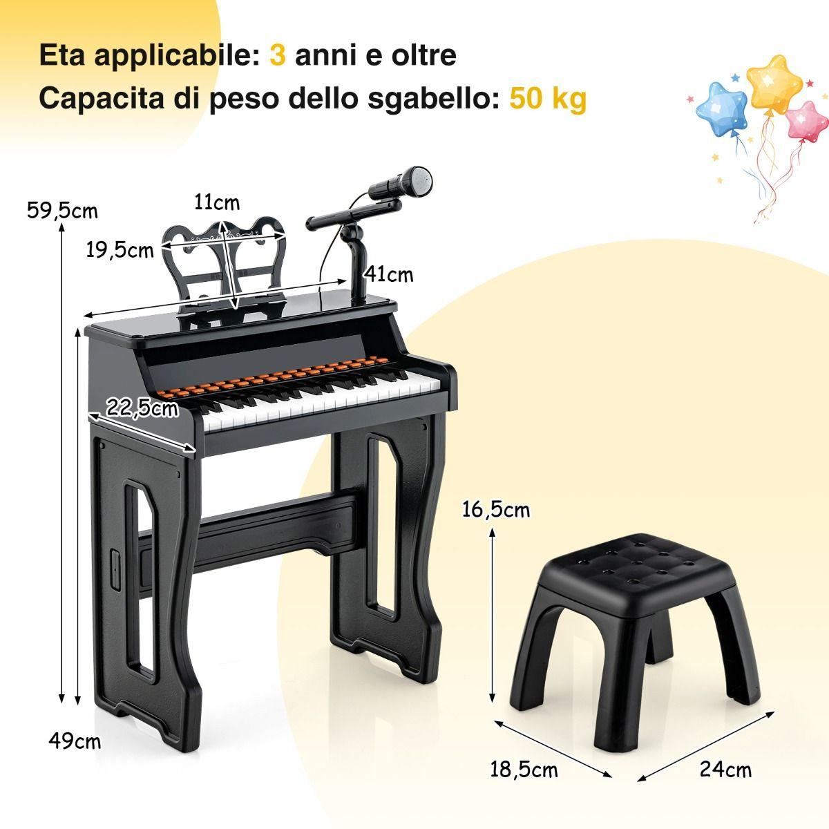 Pianoforte a 37 Tasti per Bambini Con Microfono Regolabile Supporto per Spartiti Rimovibile, Strumento Musicale 2 Colori
