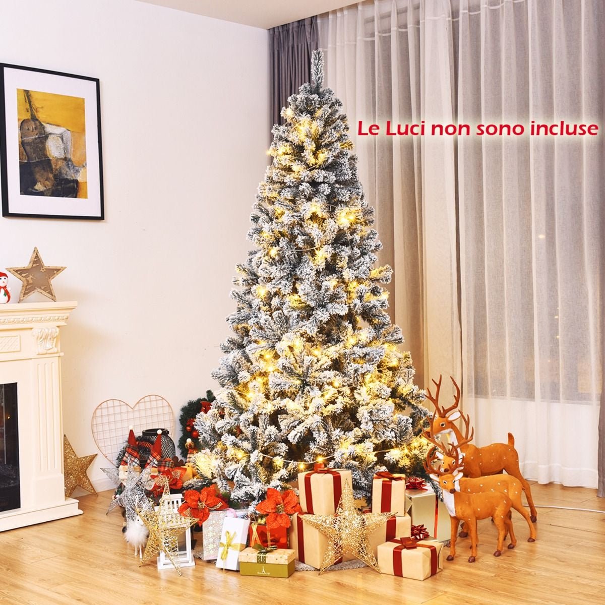 Albero Di Natale Innevato 180Cm Con Cerniere Base Di Metallo, Albero Di Natale Artificiale Non Illuminato