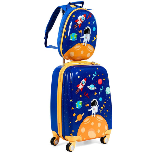 Set 2 Pezzi Bagagli per Bambini Da Viaggio Con Ruote Girevole Girevole 18" Trolley Bimbo + 12" Zaino Blu Scuro