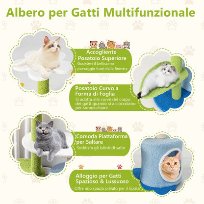 Albero per Gatti a Forma Di Fiore Con Tira Graffi in Sisal Trespolo a Forma Di Foglia, Centro Attività Gatti Blu