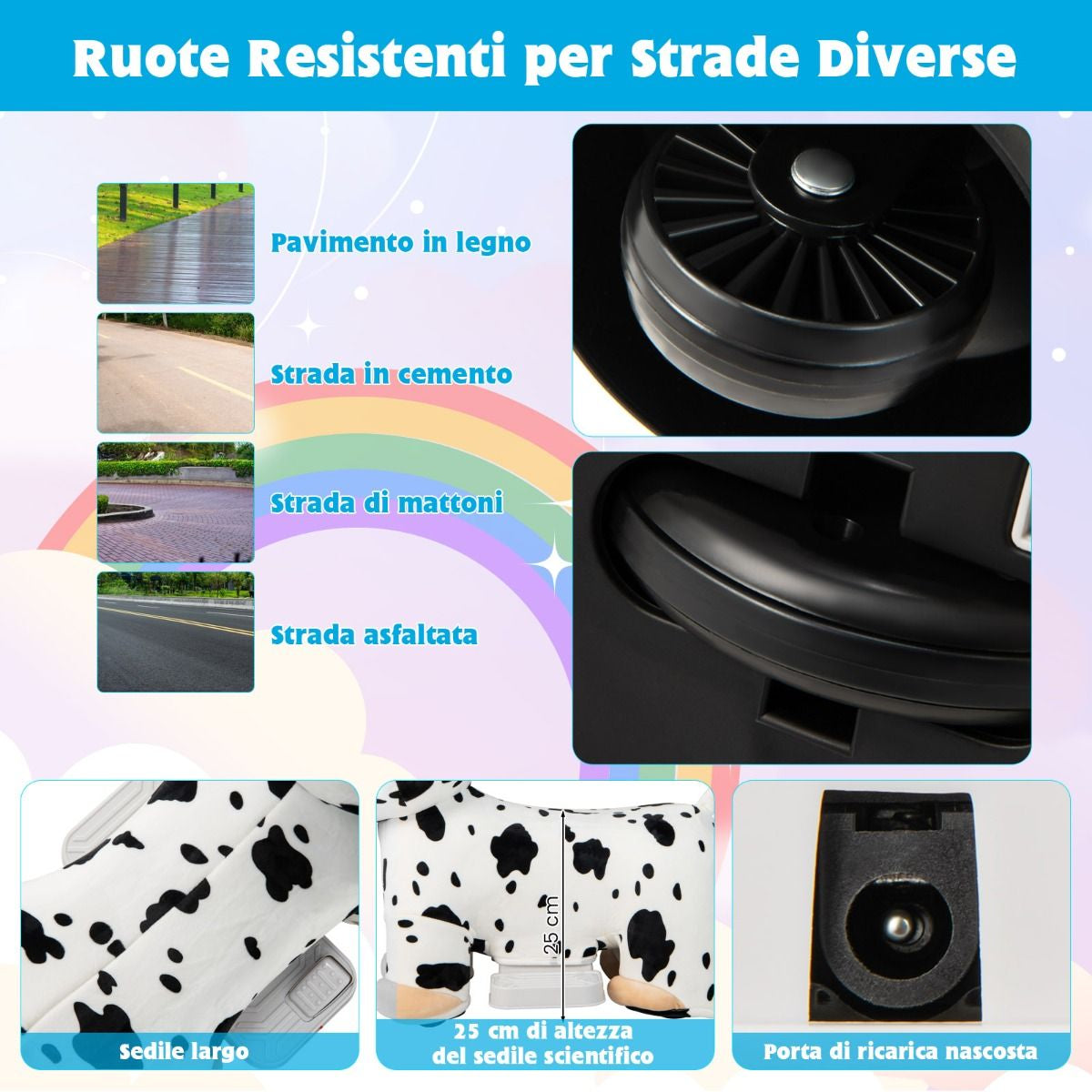 Gioco Cavalcabile Elettrico Bambini Con Ruote Flessibili Rivestimento Lavabile, Peluche Cavalcabile 3 Dimensioni