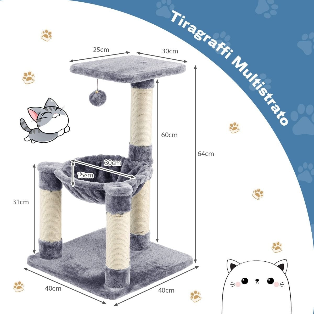 Albero per Gatti Multilivello Con Amaca Tiragraffi Rivestiti Ampia Piattaforma, Torre Di Arrampicata Grigio