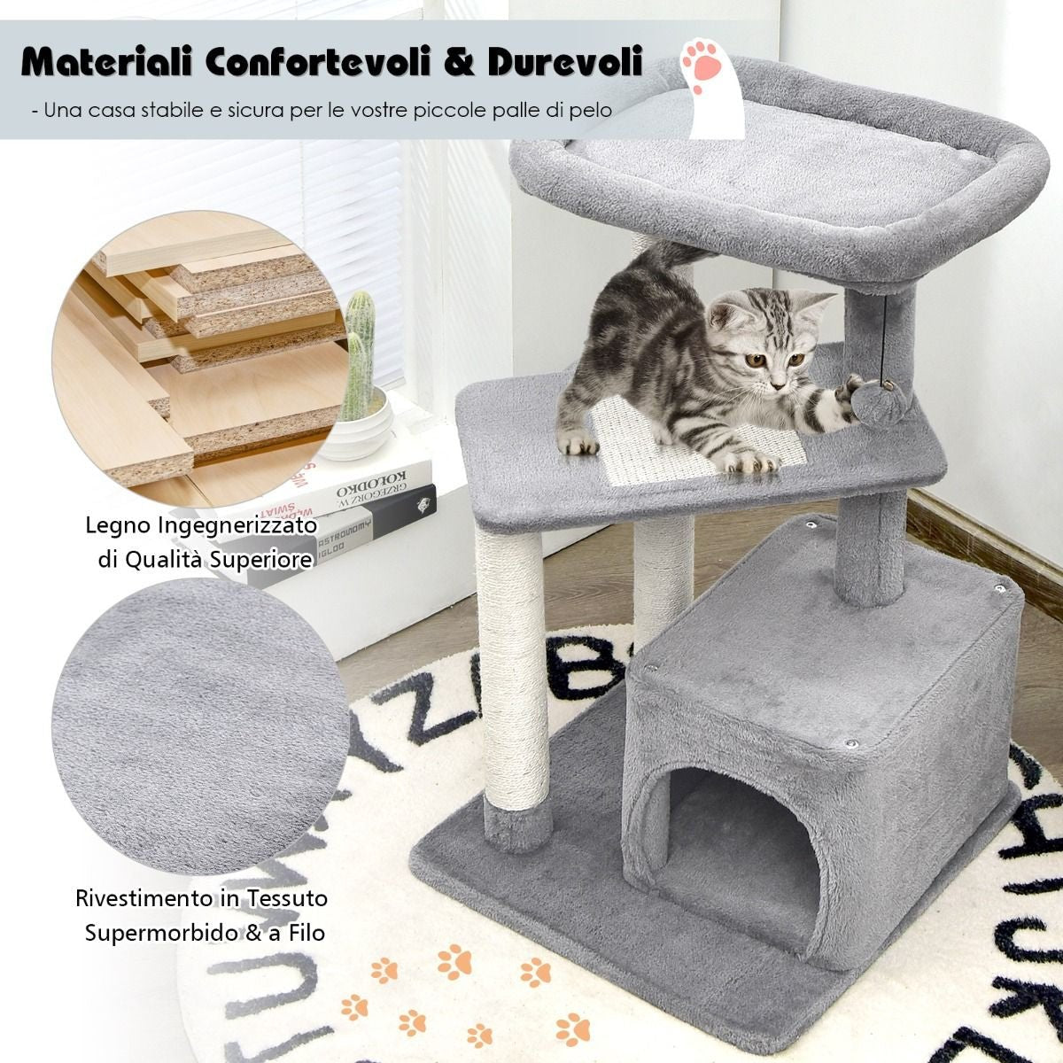 Albero per Gatti a 4 Piani Con Tiragraffi E Pallina Di Peluche, Torre per Gatti Con Piattaforma per Saltare Beige/Grigio