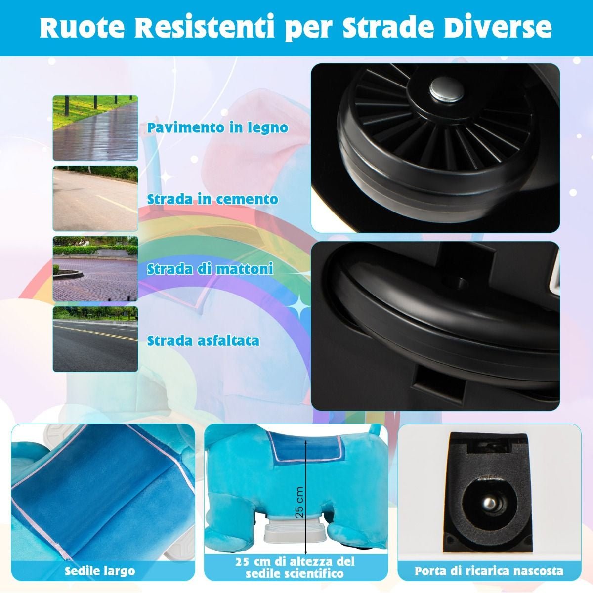 Gioco Cavalcabile Elettrico Bambini Con Ruote Flessibili Rivestimento Lavabile, Peluche Cavalcabile 3 Dimensioni