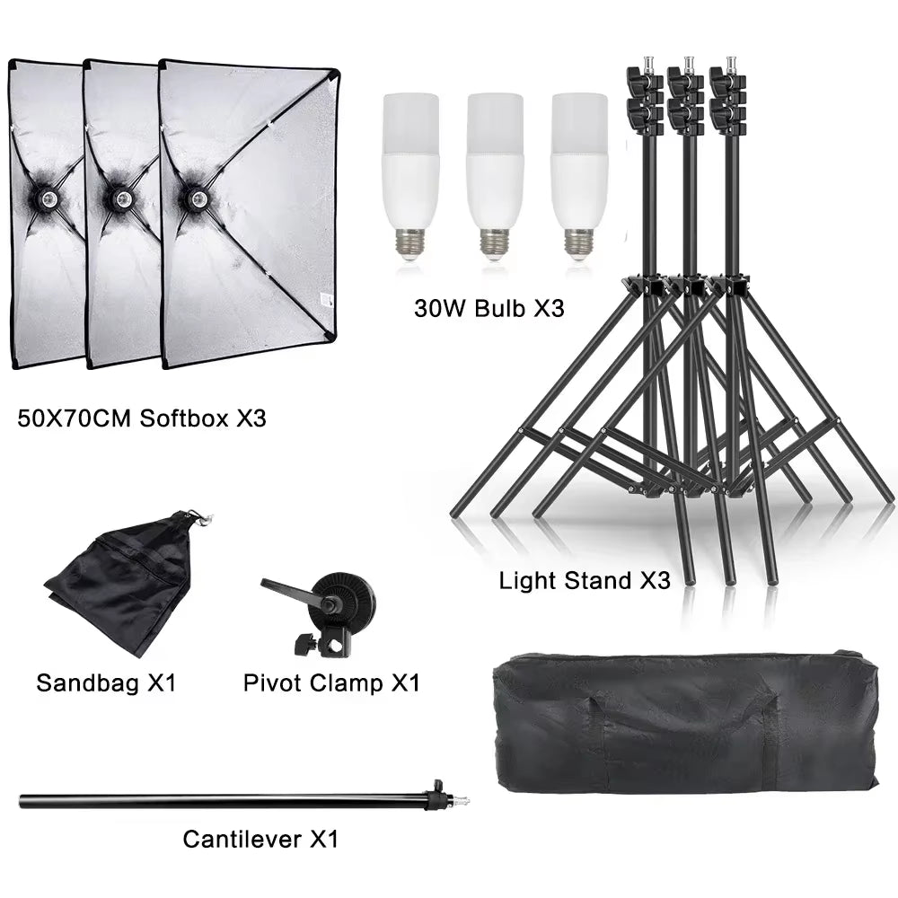 3Pcs Softbox with Sandbag Professional Photography Photo Studio Softbox Lights Lighting Kit Equipment Boom Arm