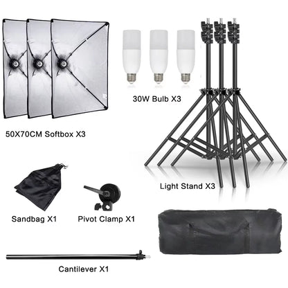 3Pcs Softbox with Sandbag Professional Photography Photo Studio Softbox Lights Lighting Kit Equipment Boom Arm