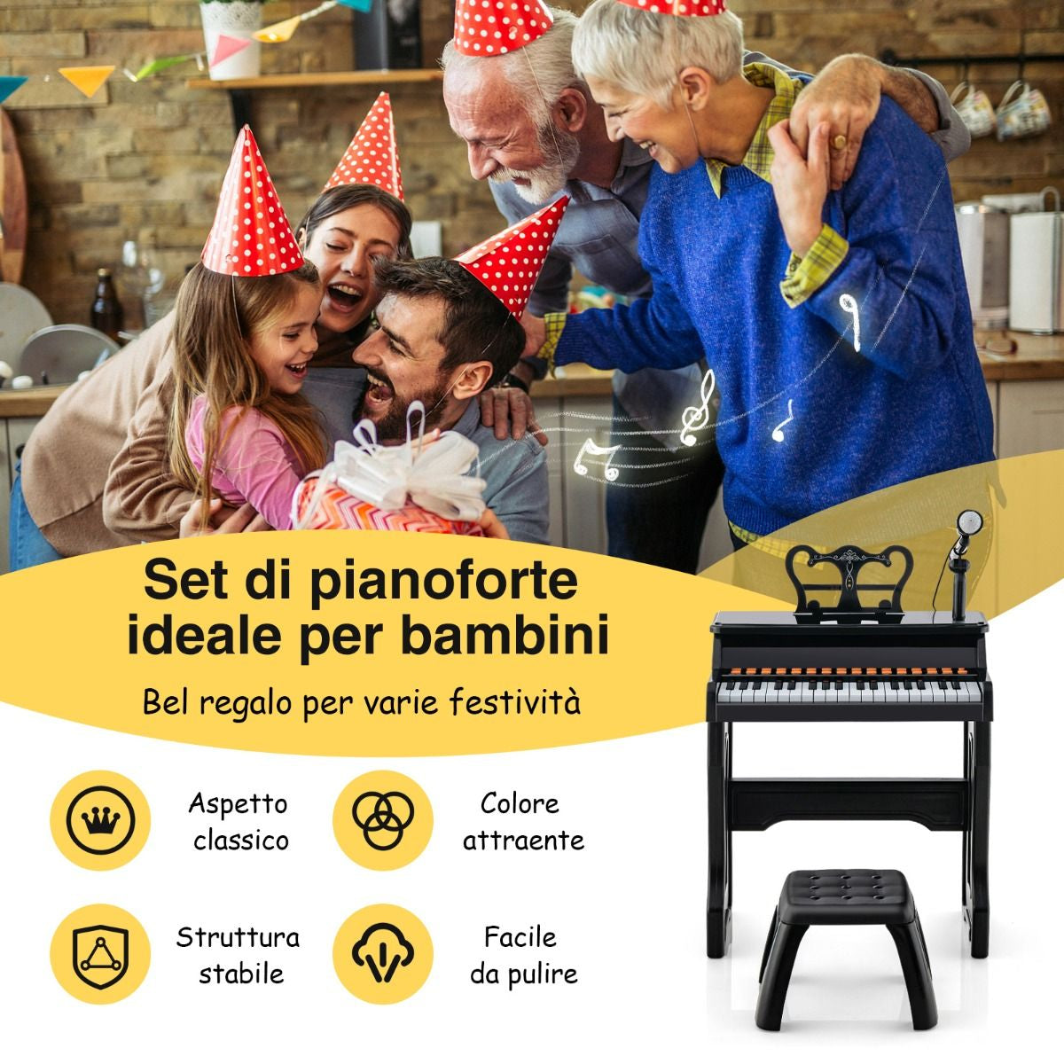 Pianoforte a 37 Tasti per Bambini Con Microfono Regolabile Supporto per Spartiti Rimovibile, Strumento Musicale 2 Colori