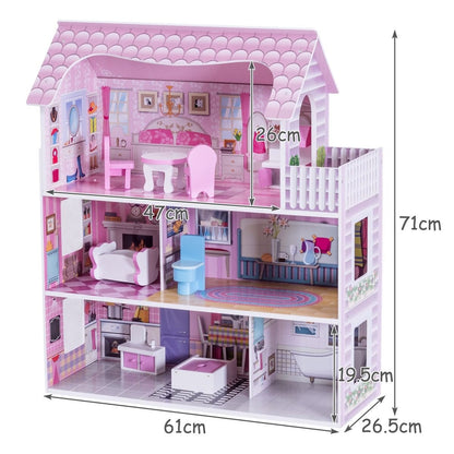 Casa Delle Bambole in Legno per Bambina Casa Giocattolo Dei Bambini 3 Piani Con Mobili E Accessori 61X26,5X71Cm