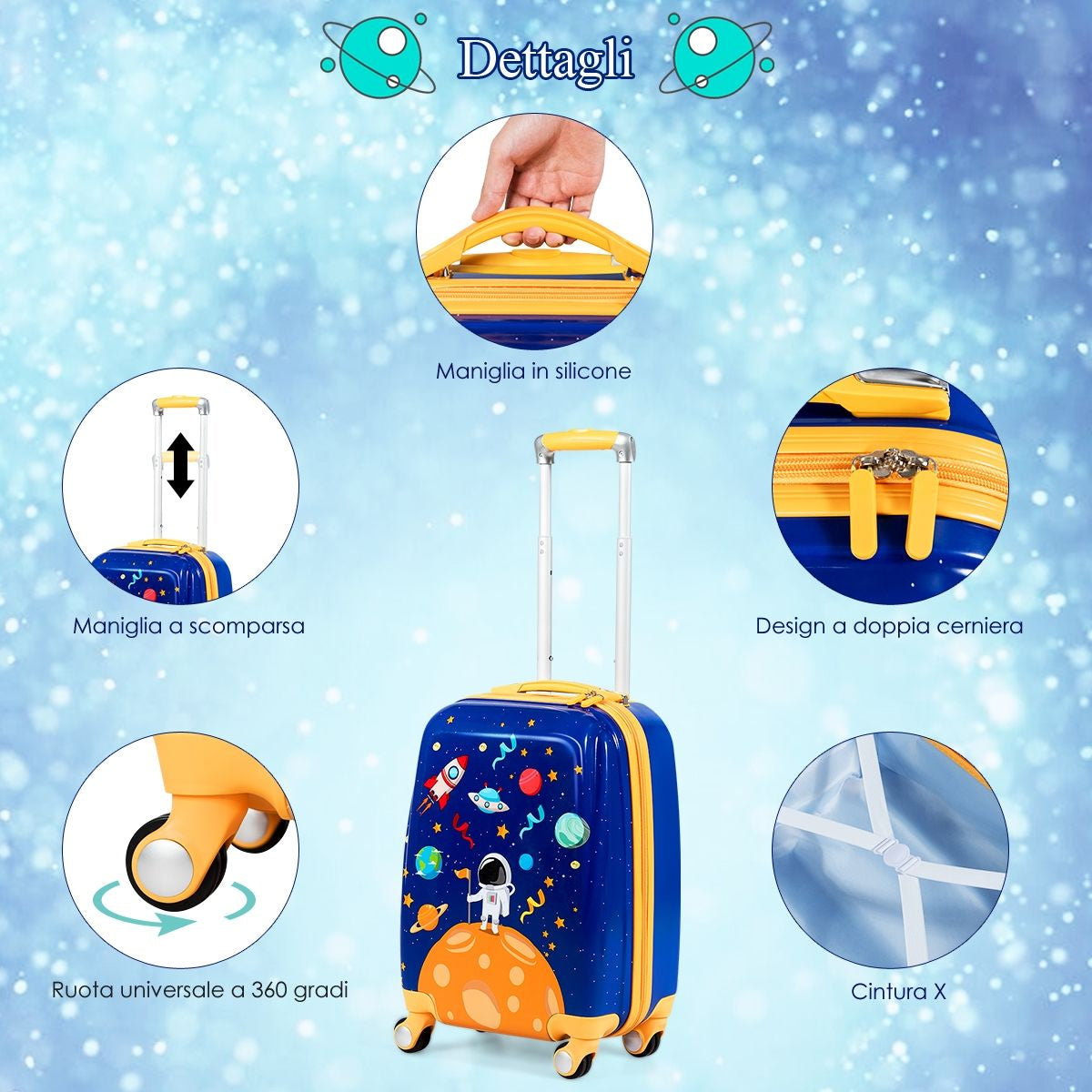 Set 2 Pezzi Bagagli per Bambini Da Viaggio Con Ruote Girevole Girevole 18" Trolley Bimbo + 12" Zaino Blu Scuro