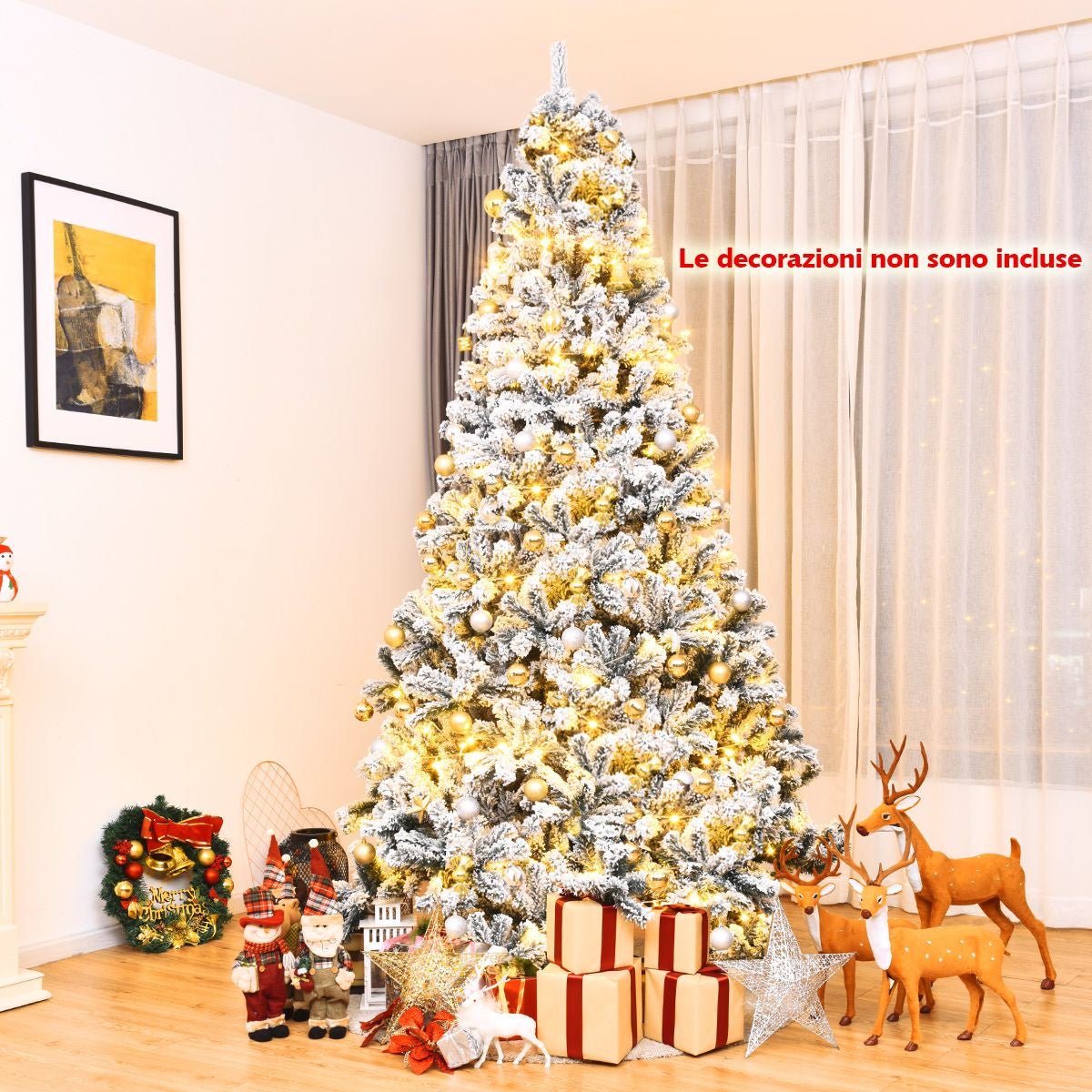 Albero Di Natale Innevato 270Cm Con Cerniere Base Di Metallo, Albero Di Natale Artificiale Non Illuminato Verde
