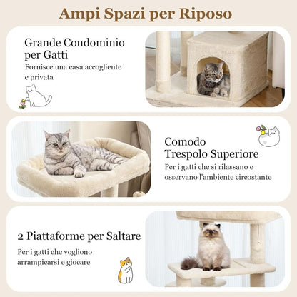Albero per Gatti a 4 Piani Con Tiragraffi E Pallina Di Peluche, Torre per Gatti Con Piattaforma per Saltare Beige/Grigio