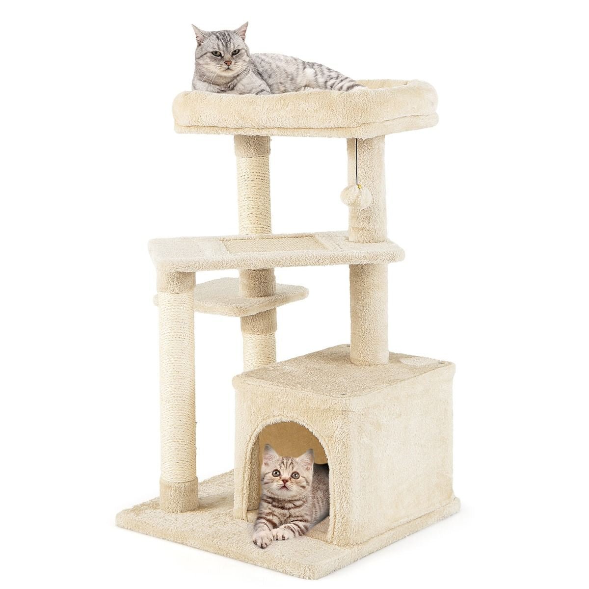 Albero per Gatti a 4 Piani Con Tiragraffi E Pallina Di Peluche, Torre per Gatti Con Piattaforma per Saltare Beige/Grigio