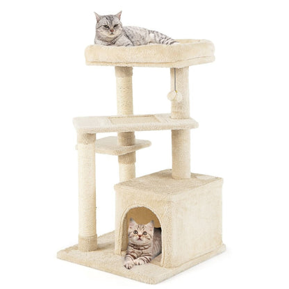 Albero per Gatti a 4 Piani Con Tiragraffi E Pallina Di Peluche, Torre per Gatti Con Piattaforma per Saltare Beige/Grigio