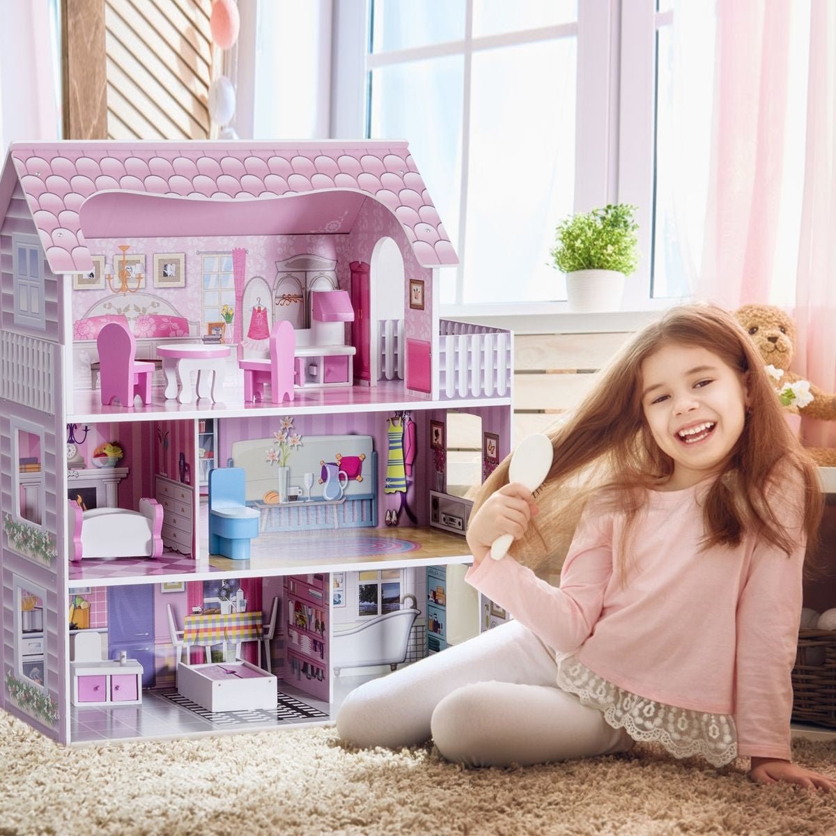 Casa Delle Bambole in Legno per Bambina Casa Giocattolo Dei Bambini 3 Piani Con Mobili E Accessori 61X26,5X71Cm
