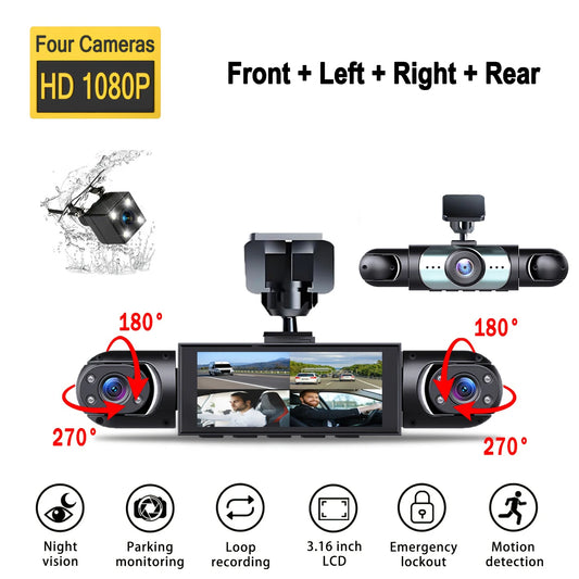 360° Dash Cam 4 Channels Car Video Recorder 1080P Car DVR 3/4 Lens Rotatable Camera View Night Vision Black Box