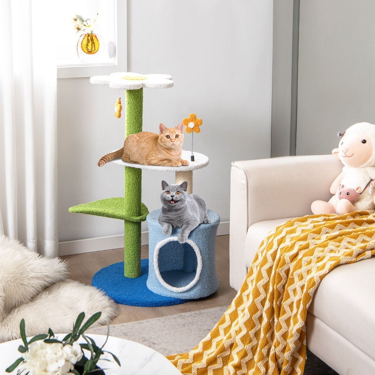 Albero per Gatti a Forma Di Fiore Con Tira Graffi in Sisal Trespolo a Forma Di Foglia, Centro Attività Gatti Blu