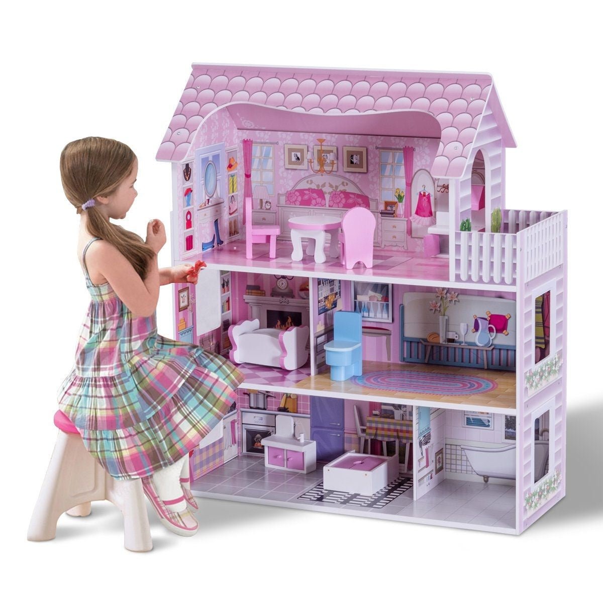 Casa Delle Bambole in Legno per Bambina Casa Giocattolo Dei Bambini 3 Piani Con Mobili E Accessori 61X26,5X71Cm