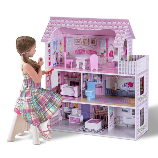 Casa Delle Bambole in Legno per Bambina Casa Giocattolo Dei Bambini 3 Piani Con Mobili E Accessori 61X26,5X71Cm