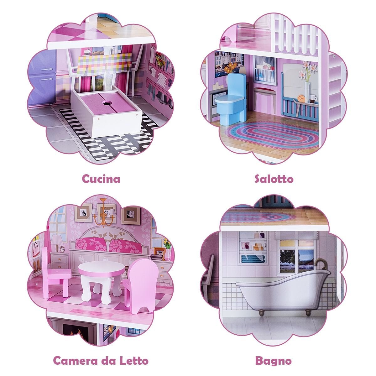 Casa Delle Bambole in Legno per Bambina Casa Giocattolo Dei Bambini 3 Piani Con Mobili E Accessori 61X26,5X71Cm