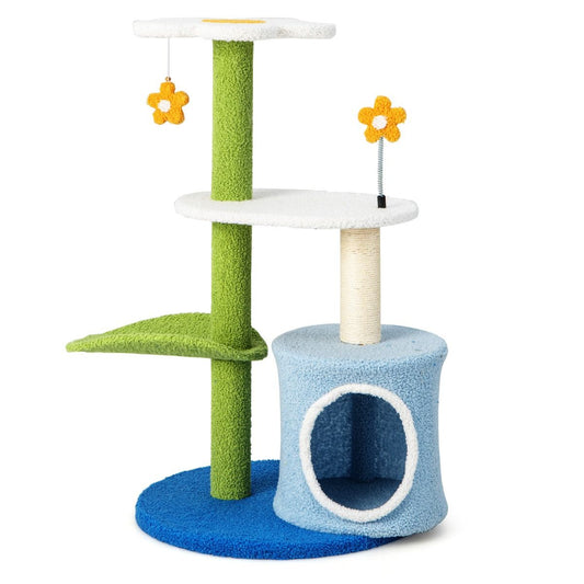 Albero per Gatti a Forma Di Fiore Con Tira Graffi in Sisal Trespolo a Forma Di Foglia, Centro Attività Gatti Blu