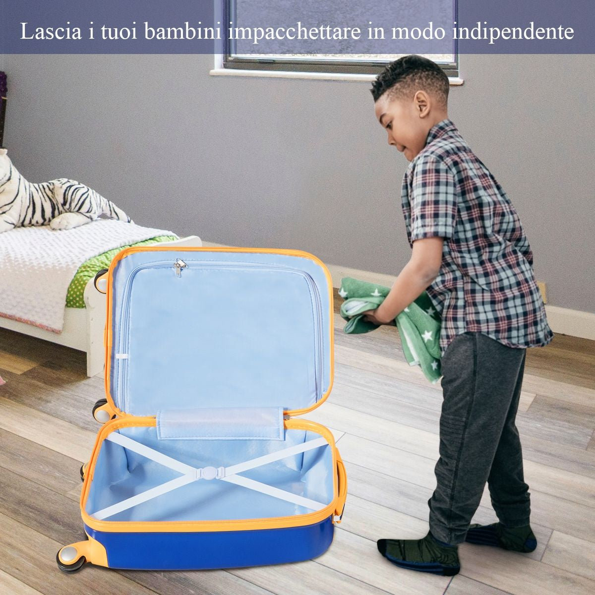 Set 2 Pezzi Bagagli per Bambini Da Viaggio Con Ruote Girevole Girevole 18" Trolley Bimbo + 12" Zaino Blu Scuro