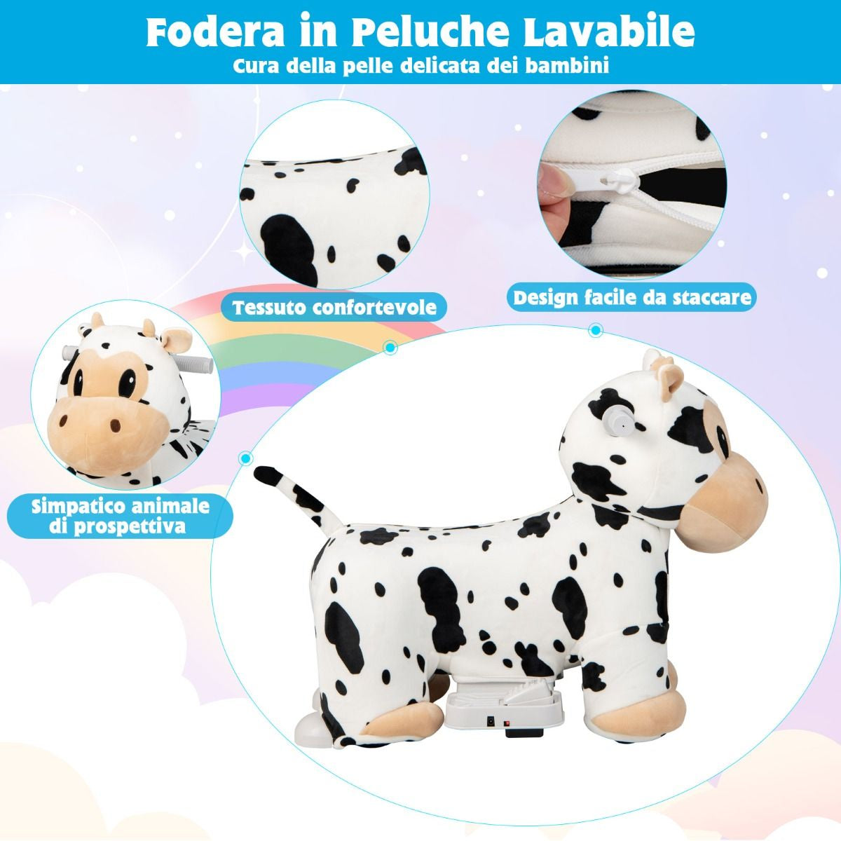 Gioco Cavalcabile Elettrico Bambini Con Ruote Flessibili Rivestimento Lavabile, Peluche Cavalcabile 3 Dimensioni