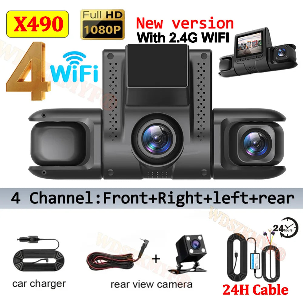 New 360° Car Dash Cam 4 Channels WIFI 24H Video Recorder 1080P Car DVR Front inside Rotatable and Rear View Camera Night Vision