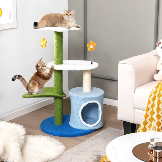 Albero per Gatti a Forma Di Fiore Con Tira Graffi in Sisal Trespolo a Forma Di Foglia, Centro Attività Gatti Blu